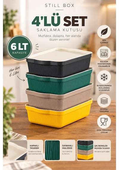 Porsima 4517 Mix Still Box 4'lü Kapaklı Saklama Kabı Seti 6 Lt Mutfak, Buzdolabı & Dolap İçi Düzenleyici Kutu Çok Renkli
