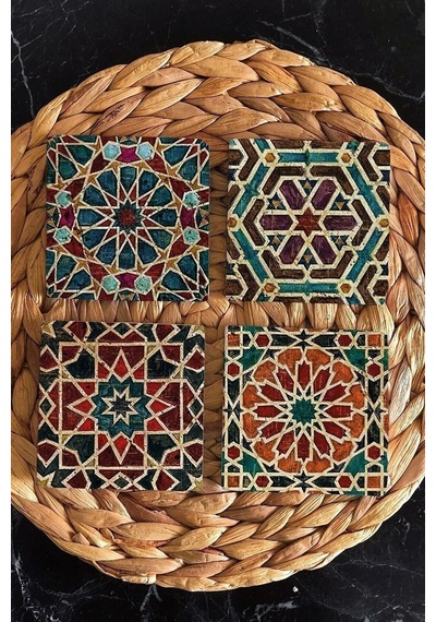 Doğal Taş Bardak Altlığı 4'lü Set 10x10x1 Cm Geometrik Desenler - Stone Coasters Çok Renkli