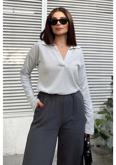 WeShaya Kadın Mint Polo Yaka Keten Bluz, Uzun Kol, Regular Kesim, Günlük Ve Spor Kaliteli Kumaş Sweatshirt Mint