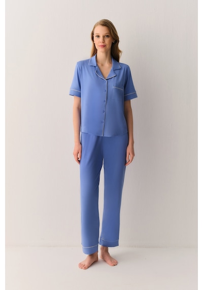 Suwen Misty Gömlek Yaka Pijama Takımı Sh26629660b1414 Mavi