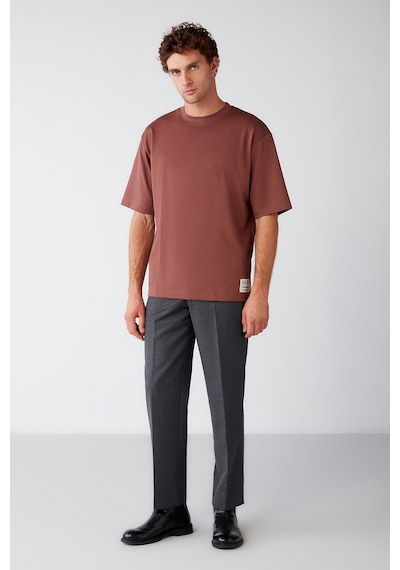 Grimelange Joel Erkek %100 Organik Pamuklu Kalın Kumaşlı Özel Dokulu Etiket Detaylı Oversize Bordo T-shirt