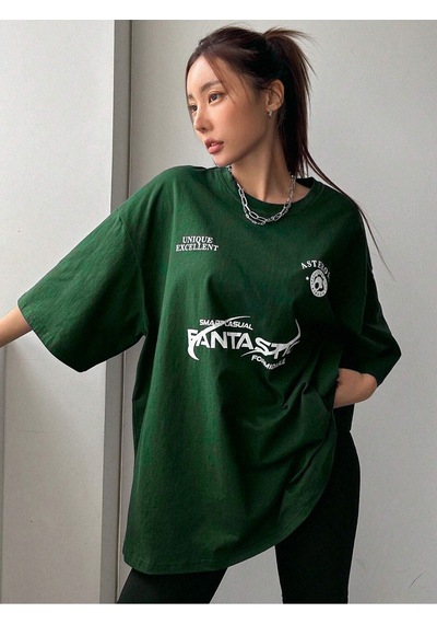 Fantastıc Süprem T-shirt -nefti Yeşili Baskılı Oversize Bisiklet Yaka Tişört Yeşil
