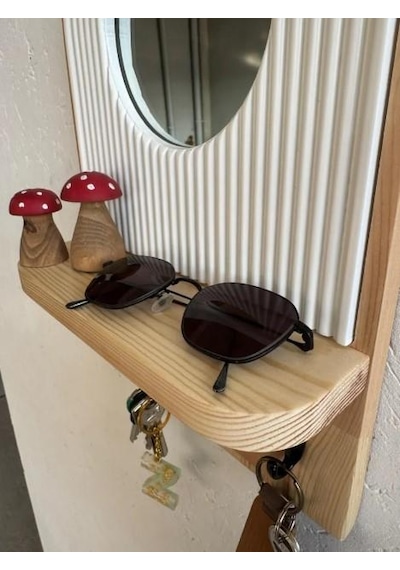 Aynalı Ahşap Duvar Hol Anahtar Askısı, Minimalist Dekoratif Modern Anahtarlık Natürel