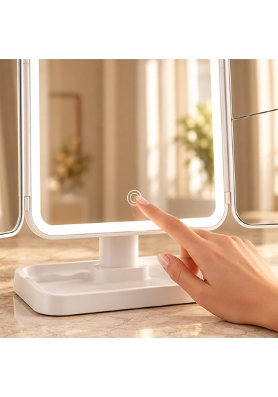 Led Işıklı Makyaj Aynası 3 Renk Dokunmatik 2x Büyüteçli Type-c Şarjlı Katlanabilir Üç Kanatlı Masaüstü Bak Genel