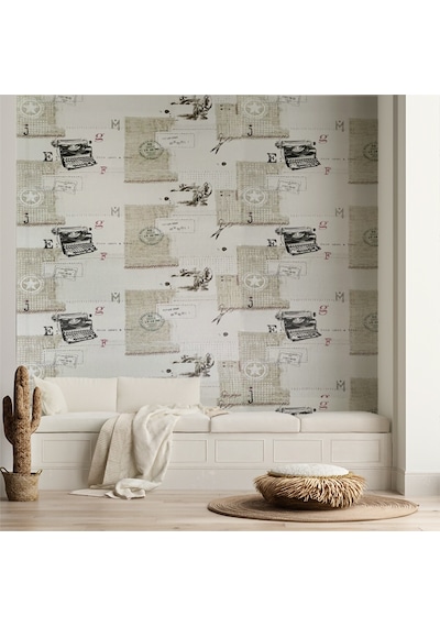 Krem Retro Daktilo Ve Posta Desenleri 16 M2 Duvar Kağıdı Çok Renkli