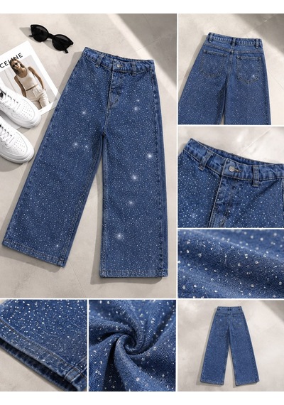 Kız Çocuk Işıltı Taş İşlemeli Wide Leg Jean - Denim Pantolon mavi