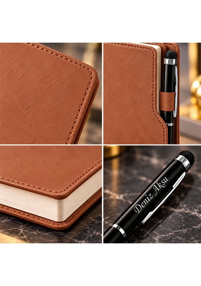 Bk Gift Kişiye Özel 374 Termo Deri Tarihli Ajanda & Siyah Touch Pen Tükenmez Kalem-14 Taba Akdnz-bitmeyencom38550 56189 Bk Gift