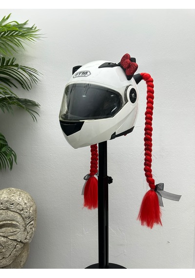Motor & Motosiklet Kırmızı Simli Çift Örgü Saç Ve Kırmızı Fiyonklu Kedi Kulak Set Kask Dış Aksesuarı Diğer