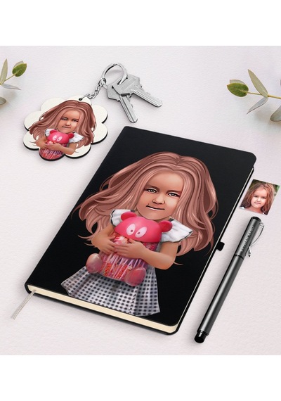 Kişiye Özel Kız Çocuk İllüstrasyon Tasarımlı Siyah Defter Kalem V N11.344