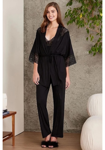 Pierre Cardin 2820 Kadın Siyah Dantelli Penye 3'lü Sabahlıklı Pijama Takım 001