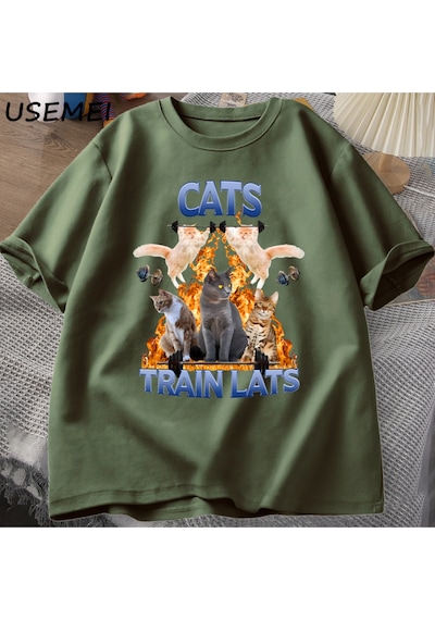 Flood Of Style Kedi Tren Lats Graphci T Shirt Komik Spor Adam Giysileri Tshirt Boy Rahat Pamuk Kısa Kollu Ti Yeşil
