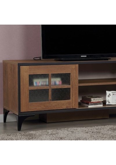 Revival Metal Ayaklı Tv Ünitesi 125Cm Meşe / Cam Sürgülü Kapaklı