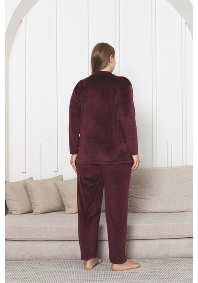 Büyük Beden Boydan Düğmeli Kadife Pijama Takımı Bordo