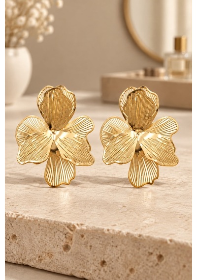 Kadın Gold Büyük Çiçek Model Statement Küpe - Heykelsi Doku Çivi Küpe