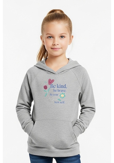 Kanguru Cepli Kapüşonlu Kız Çocuk Sweatshirt Be Kind Yazı Baskılı Gri