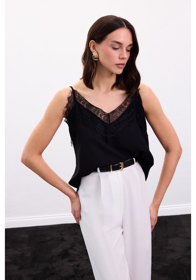Sateen Dantel Detaylı Askılı Bluz - Siyah-136873 Siyah