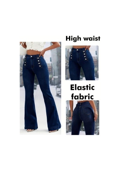 Etiler Collection Kadın Yüksek Bel Önden Düğme Detaylı Parçaya Doğru Geniş Kot Pantolon Lacivert