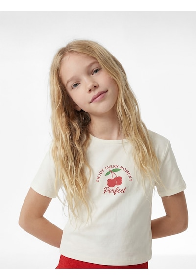 Koton Kısa Kollu Slim Fit Bisiklet Yaka Pamuklu Baskılı Crop Tişört Ekru 6skg10477ak