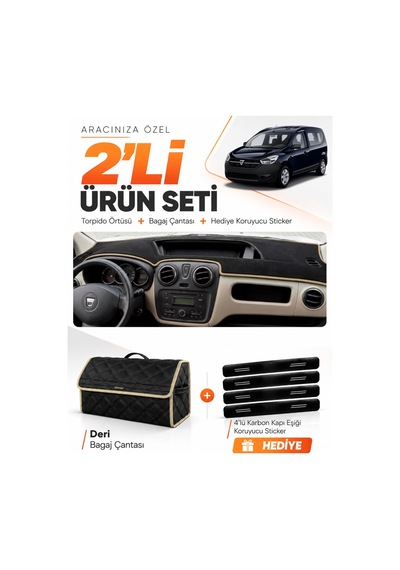 E-biz Dacia Dokker 2012-2020 Uyumlu Torpido Örtüsü + Deri Bagaj Çantası Seti - Siyah-bej - Da010