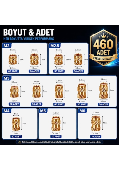 460 Adet Pirinç Insert Somun Seti, Yerleştirme Aparat Seti, M2 M2.5 M3 M4 M5 M6 3d Yazıcı Plastik Çakma, Gömme 17.4 X 9.8 X 4.5 Santimetre