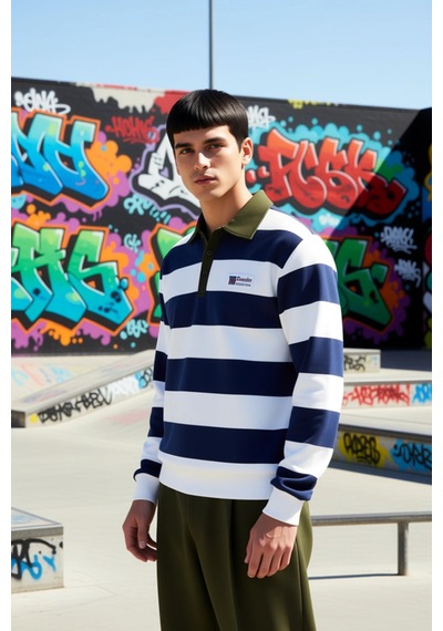 Benerly Erkek Polo Yaka Standart Kol Çizgili Sweatshirt Fonksiyonel Dayan Lacivert