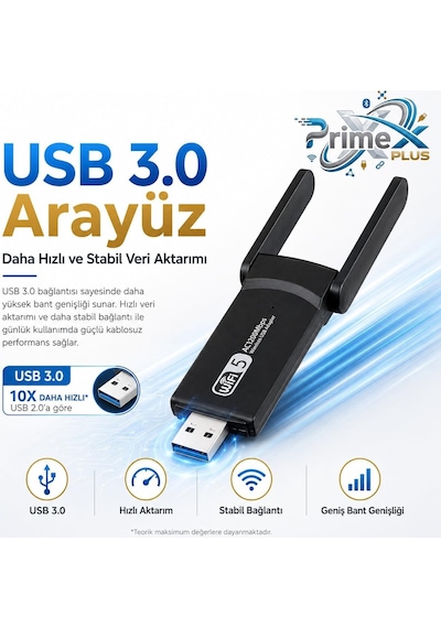 Primex Px-ac1200 Usb 3.0 Wifi Adaptör, Realtek Rtl8812bu, Ac1200/ac1300 Dual Band 2.4g-5g, 802.11ac Kablosuz Ağ Alıcı, Pc Laptop Masaüstü İçin Wireless Usb Dongle