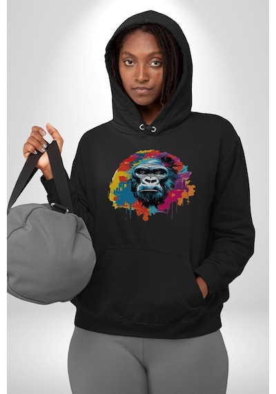 Renkli Maymun Goril Kadın Erkek Siyah Kapüşonlu Sweatshirt Hoodie Siyah