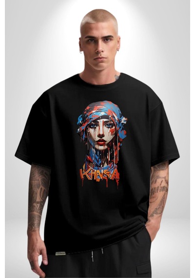 Khansa Eşarp Kadın Tasarımı Pamuklu Bisiklet Yaka Unisex Oversize Boyfriend Dijital Baskılı Siyah T-shirt Siyah