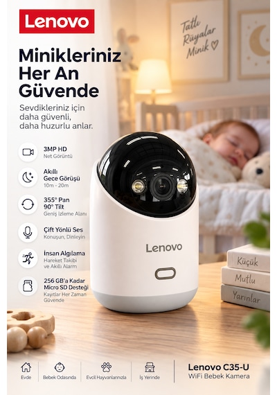 Lenovo Ev Kamerası 3'lü Set 2k 3mp, Wifi, Sesli, 360 Ptz, Mobil Kontrol, Hareket Takip, Iç Mekan Kamera Lnv35cset