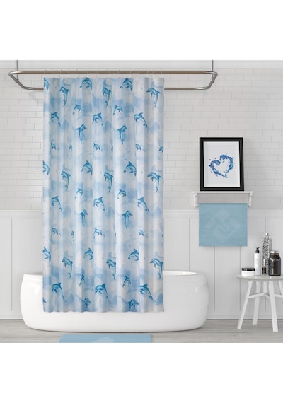 Banyo Perdesi 1x110x200 Tek Kanat Duş Perdesi Halka Hediyeli Ve Çamaşır Makina Örtüsü 7085 Mavi