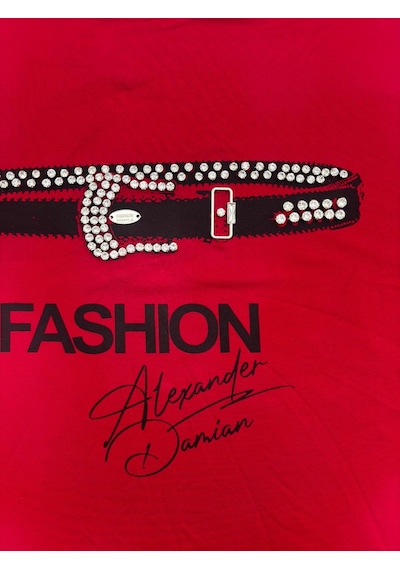 Büyük Beden Fashion Yazı Baskılı Taş Kemer Detaylı Kısa Kollu Kadın Bluz Kırmızı
