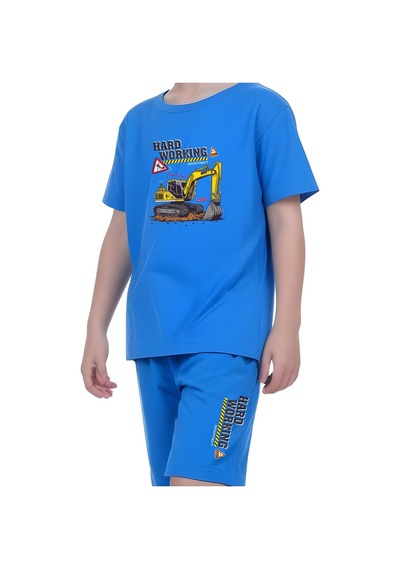 Fyk Kids Erkek Çocuk Tişört-şort Hard Working Baskılı Alt-üst Takım Mavi