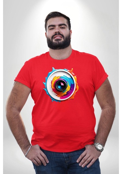 Angemiel Fotoğraf Makinesi Camera Lens Kırmızı Büyük Beden Erkek Kadın Unisex Basic Ön Baskılı Tişört Kırmızı