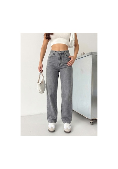 Kene Jeans Kadın Yüksek Bel Kar Siyah Boyfriend Bol Paça Denim Kot Pantolon Kar Siyah