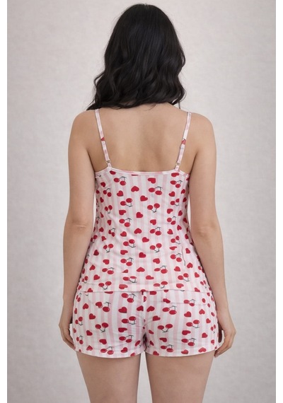 Kadın 20663 İp Askılı Şortlu % 100 Pamuk Pijama Takımı Pembe
