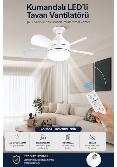 Kumandalı E27 Led Tavan Vantilatörü 2000 Lümen 3 Renk Işık 3 Kademeli Sessiz Tavan Lambası