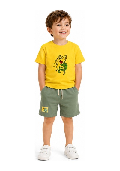 Haribo Lisanslı Timsah Baskılı Çocuk T-shirt Şort Takım Hardal