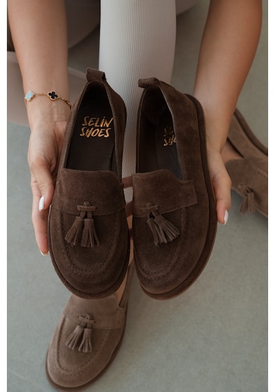Selin Shoes Belluno Hakiki Deri Püsküllü Kadın Loafer- Kahve Süet Kahverengi