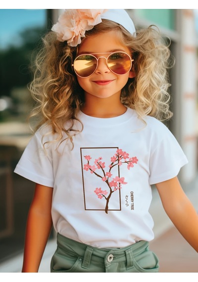 Uyguntarz Çocuk Kiiraz Ağacı Baskılı Pamuklu Tshirt Beyaz