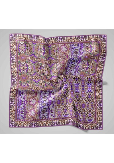 Silk Home Twill İpek Eşarp Vizon Mor Desenli Tok Duruşlu Kaymaz 90x90 Çok Renkli