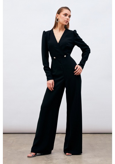 Sateen Kruvaze Süs Taşlı Krep Tulum - Siyah