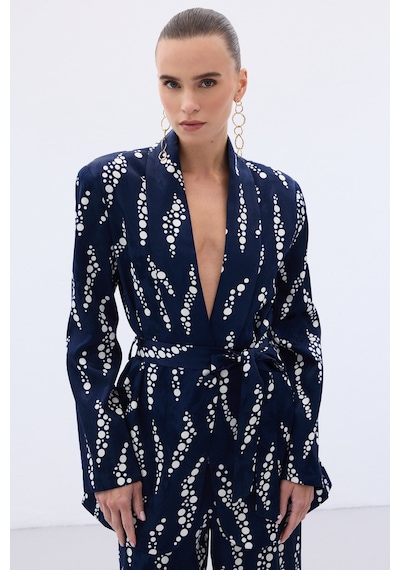 Sateen Desenli Uzun Ceket - Lacivert-136470 Lacivert