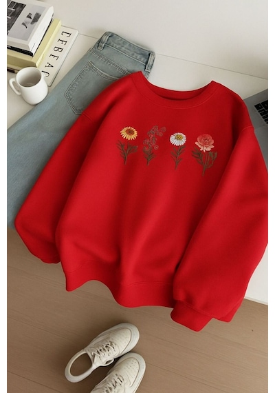 Benroma 3 İplik Penye Çiçek Baskılı Unisex Sweatshırt Çok Renkli