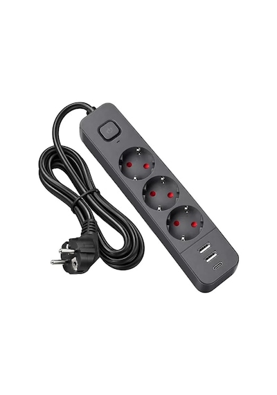 S-link Spg03u 2 Usb + 1 Type C 5v2.4a 3x1.0mm Bakır 1.5m Kablo 750 Joule 3'lü Anahtarlı Siyah Akım Korumalı Priz