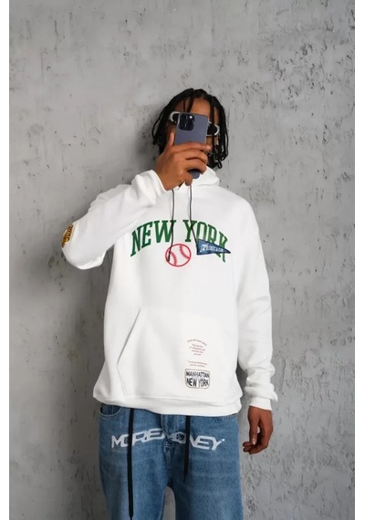 Veraura Lifestyle Erkek Baskılı Kapüşonlu Sweatshirt - Beyaz