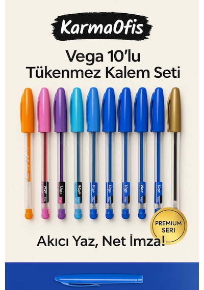 Vega 10 Lu Tükenmez Kalem Seti 5 Mavi+5 Renkli 0.7 Mm İnce Uç Akıcı Yazım Premium Çok Renkli