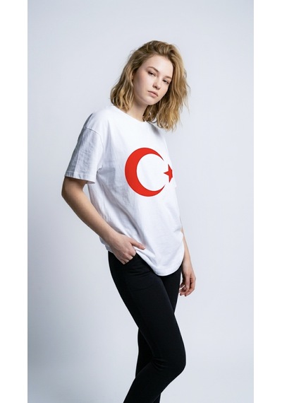 Hoxie Unisex Ay Yıldız Baskılı Beyaz T-shirt - Türk Bayrağı Tasarımlı Pamuklu Oversize Tişört Hoxie Unisex Ay Yıldız Baskılı Beyaz T-shirt - Türk Bayrağı Tasarımlı Pamuklu Oversize Tişört
