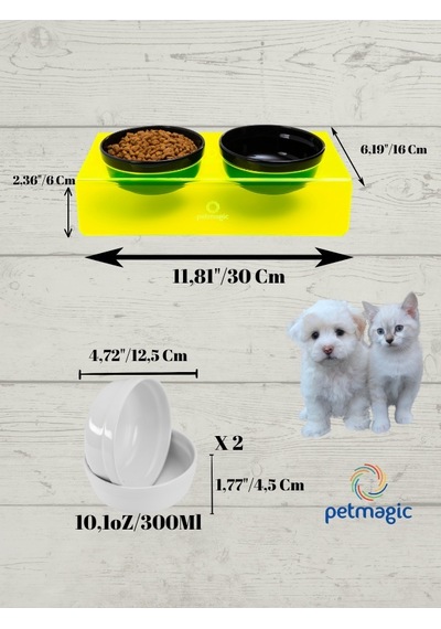 Petmagic Akrilik Pleksi Evcil Hayvan Siyah Seramik Kaseli İkili Kedi Köpek Mama Su Kabı Neon