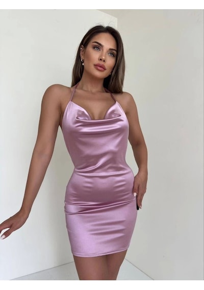 Kadın Boyundan İnce Askılı Elbise S3585 Pembe