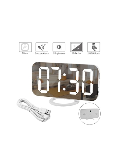 Aynalı Led Dijital Saat 2 Usb Hızlı Şarj Alarmlı Masa Saati